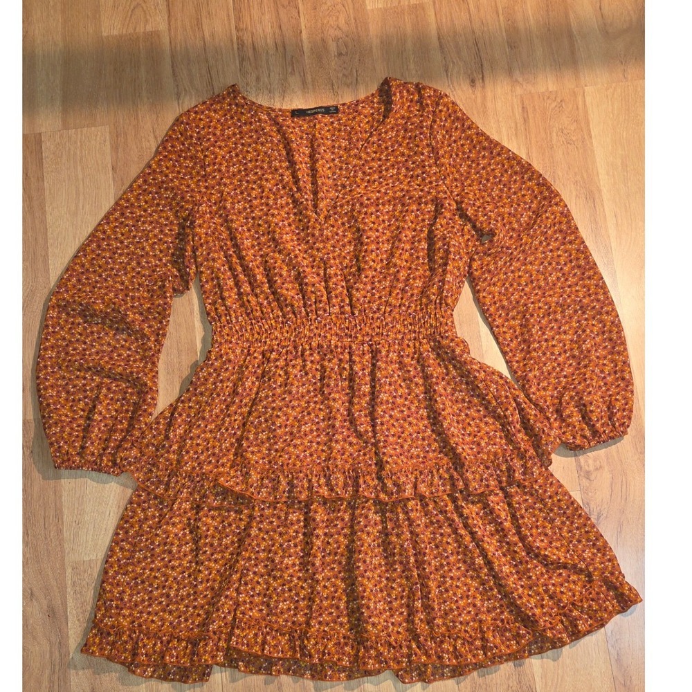 Hesperus Orange Floral Tiered Ruffle Mini Dress Smocked Waist V-Neck Large